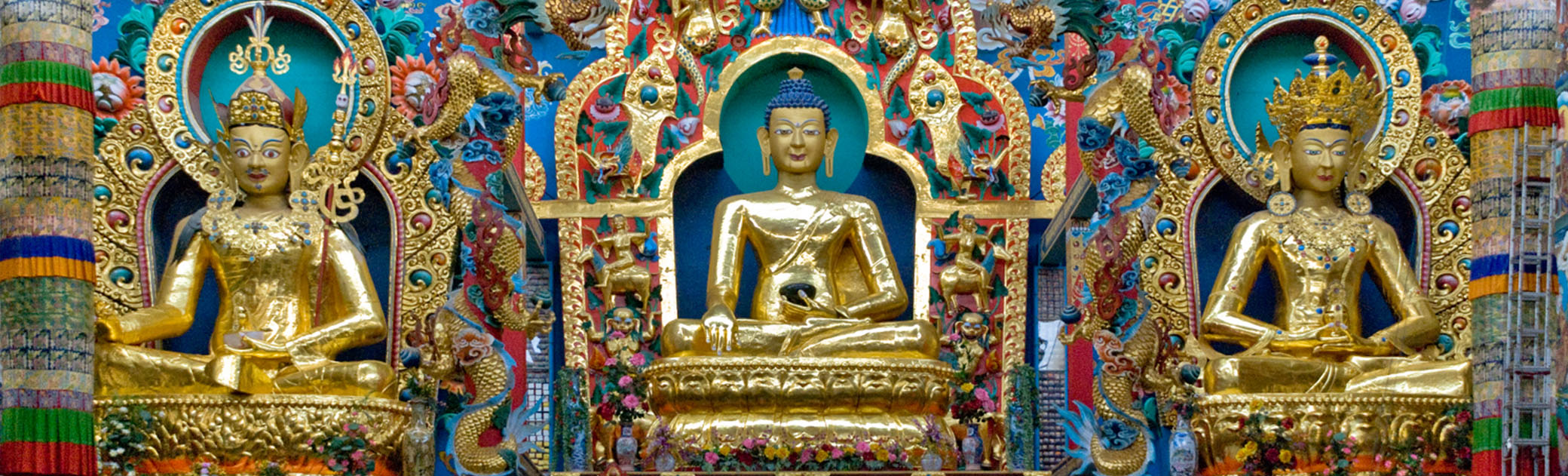 Guru Rinpoche, Shakyamuni Buddha, Amitayus - golden images in Namdroling monastery